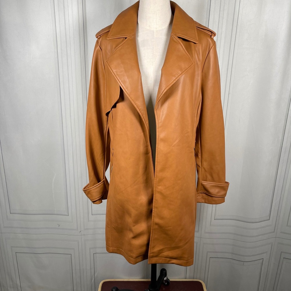 Avec Les Filles Faux Leather Camel‎ Trench Coat Jacket Medium - Picture 3 of 14